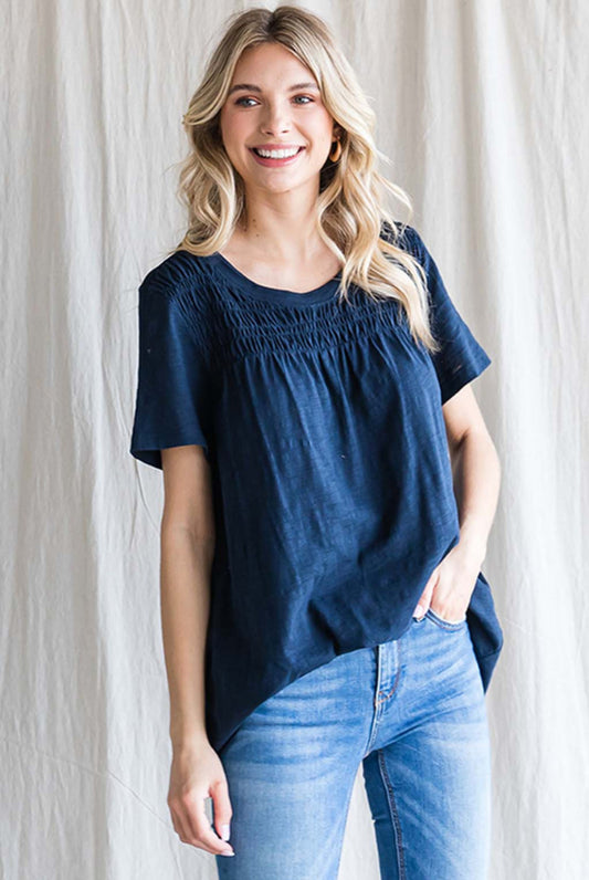 Navy Smocked Short Sleeve Top