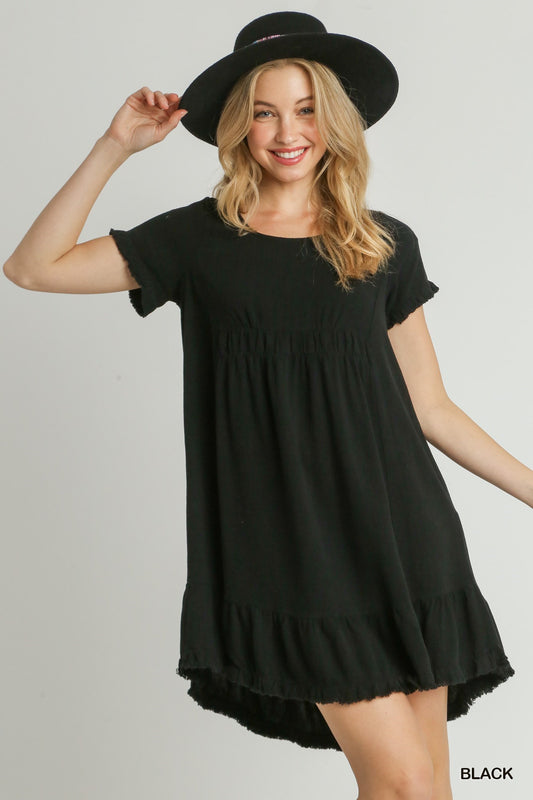 Black Linen Blend Short Sleeve Dress