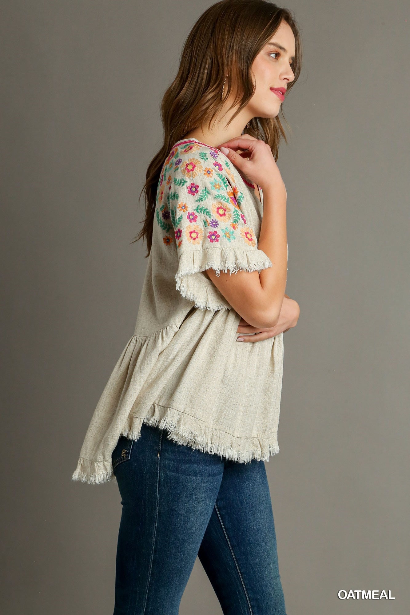 Oatmeal Linen Blend Embroidered Babydoll Top