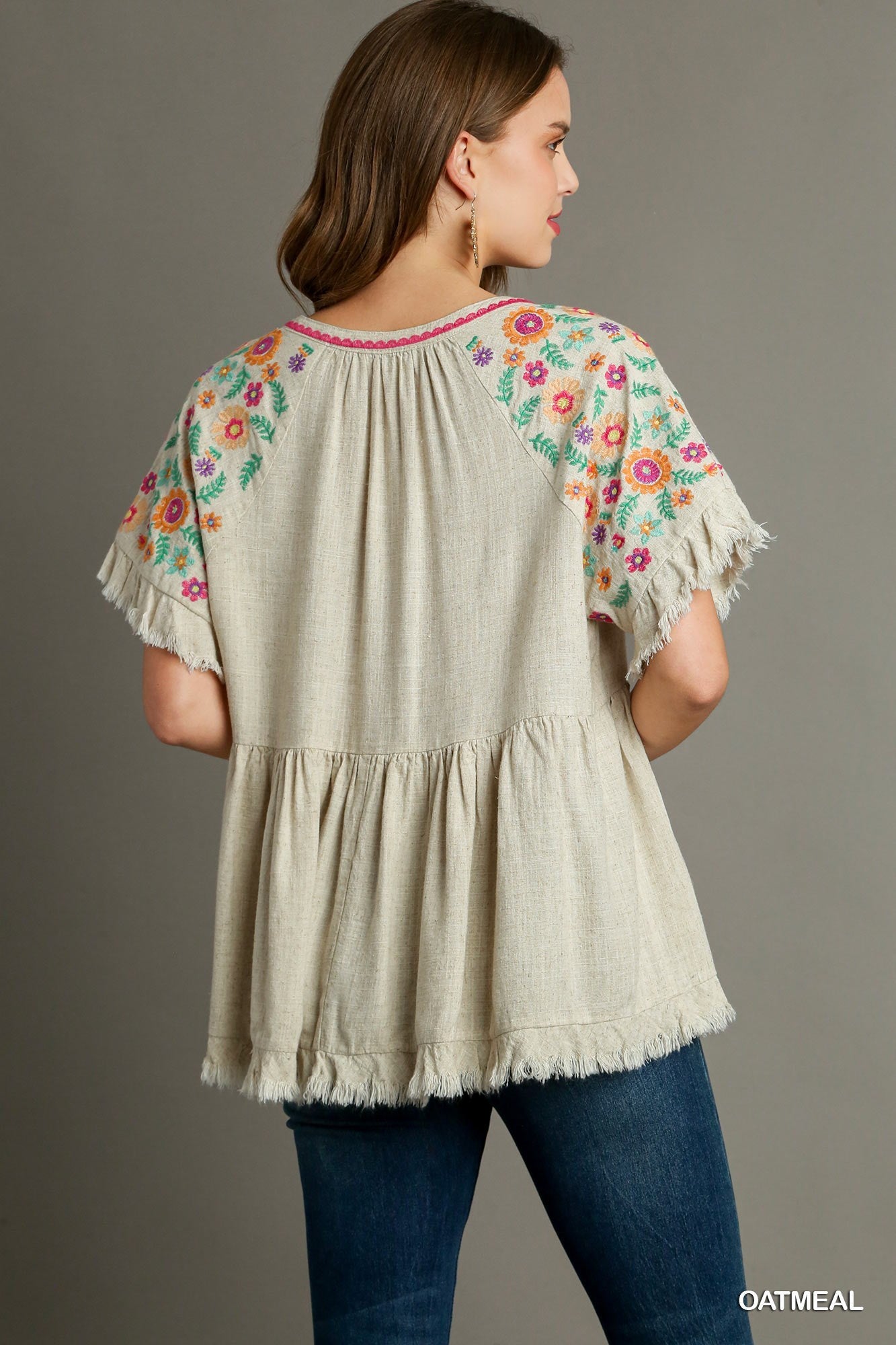 Oatmeal Linen Blend Embroidered Babydoll Top