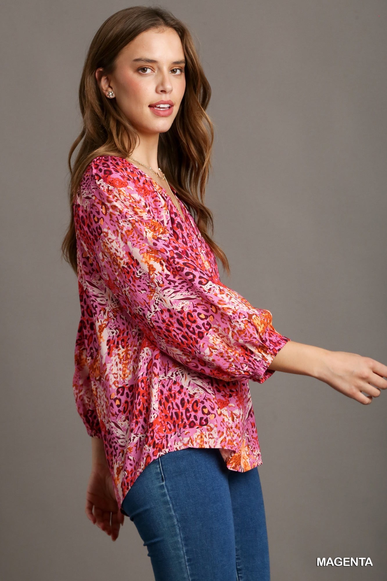 Magenta Mixed Print 3/4 Sleeve Top