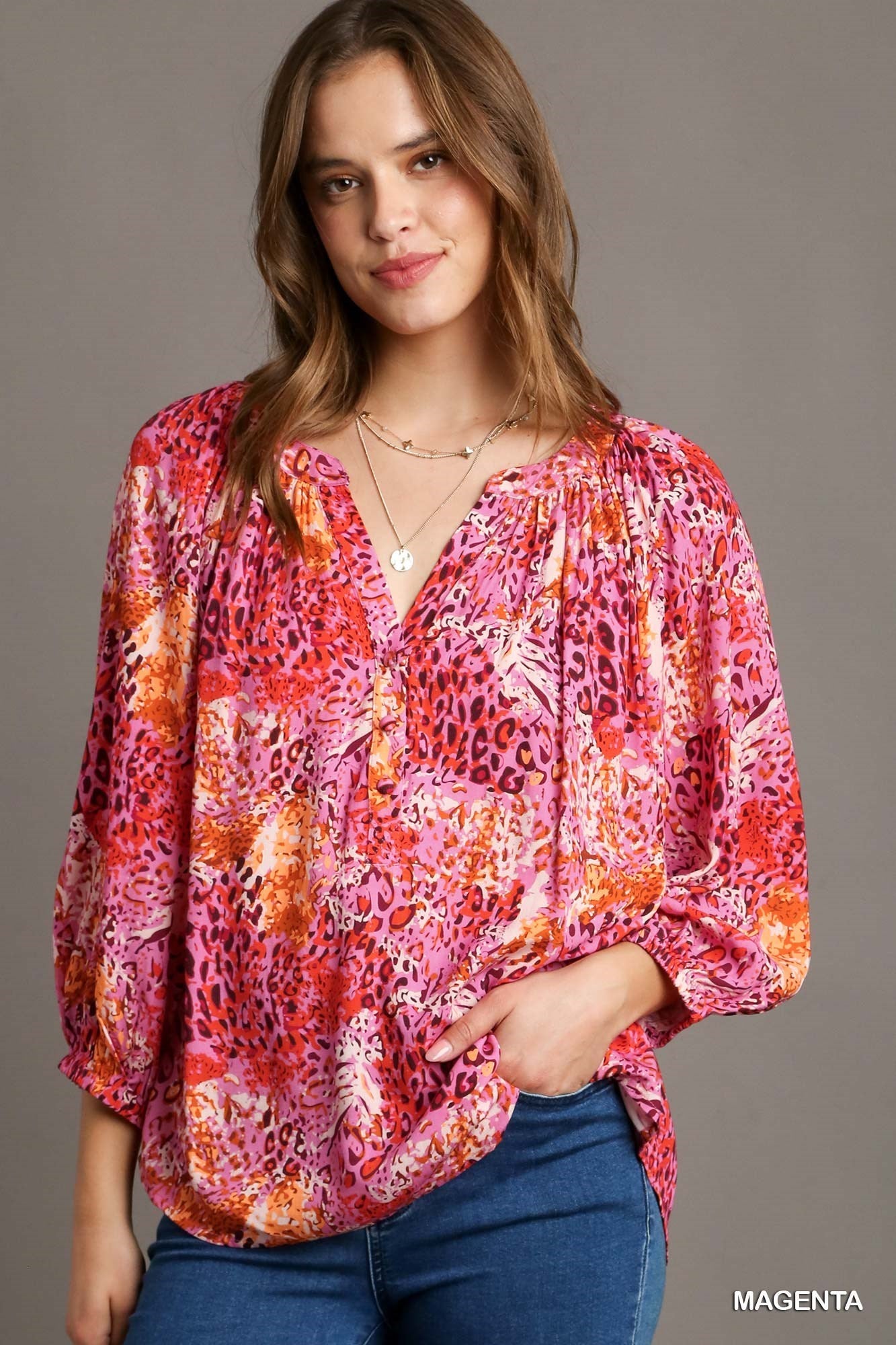 Magenta Mixed Print 3/4 Sleeve Top