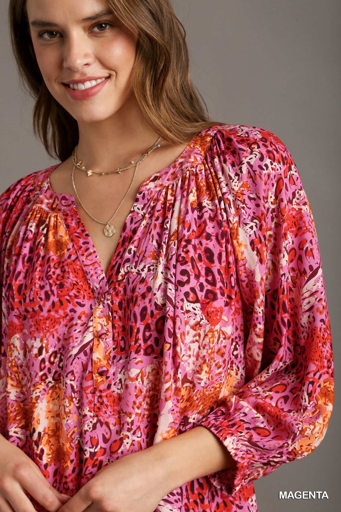 Magenta Mixed Print 3/4 Sleeve Top