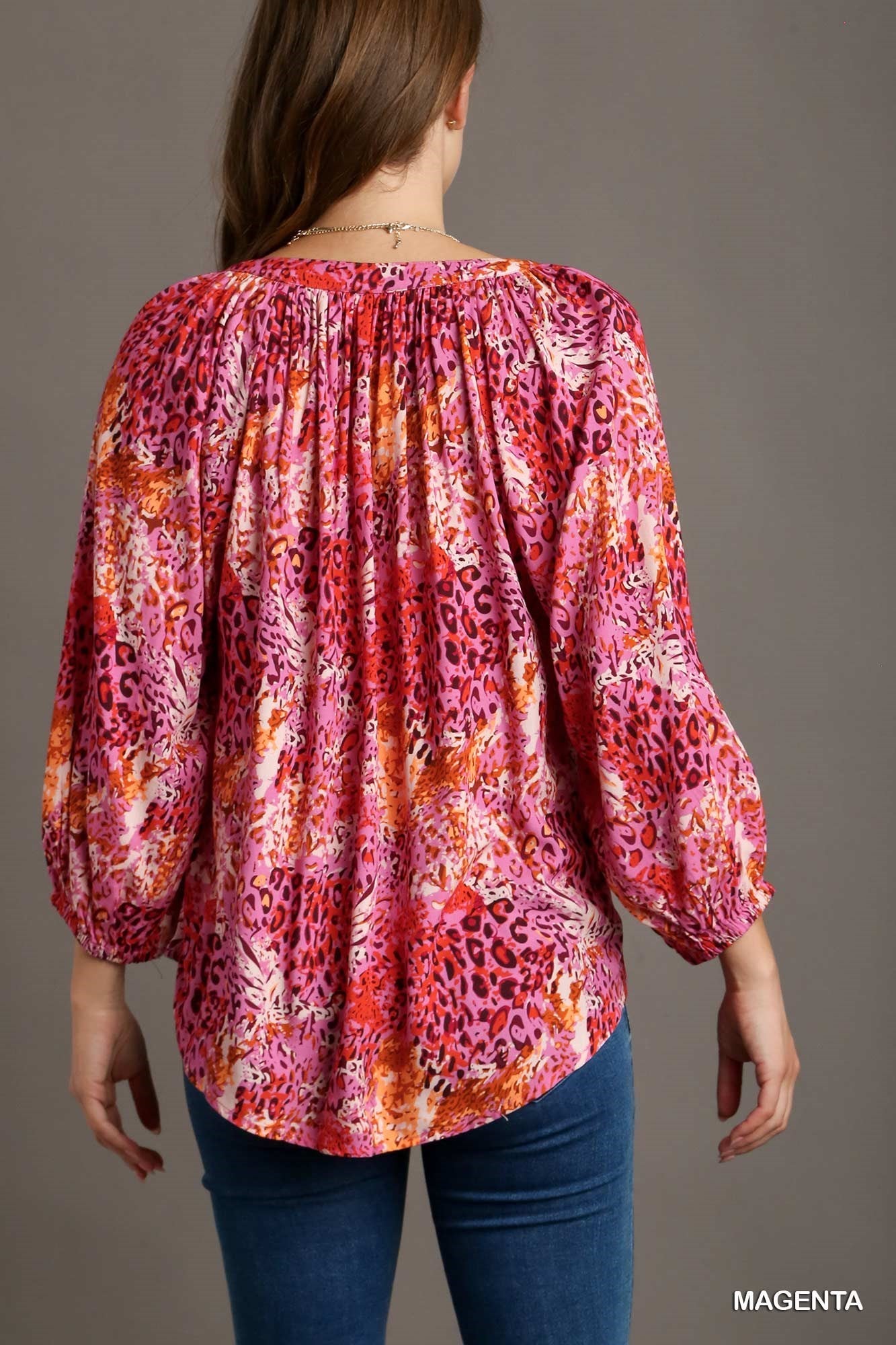 Magenta Mixed Print 3/4 Sleeve Top