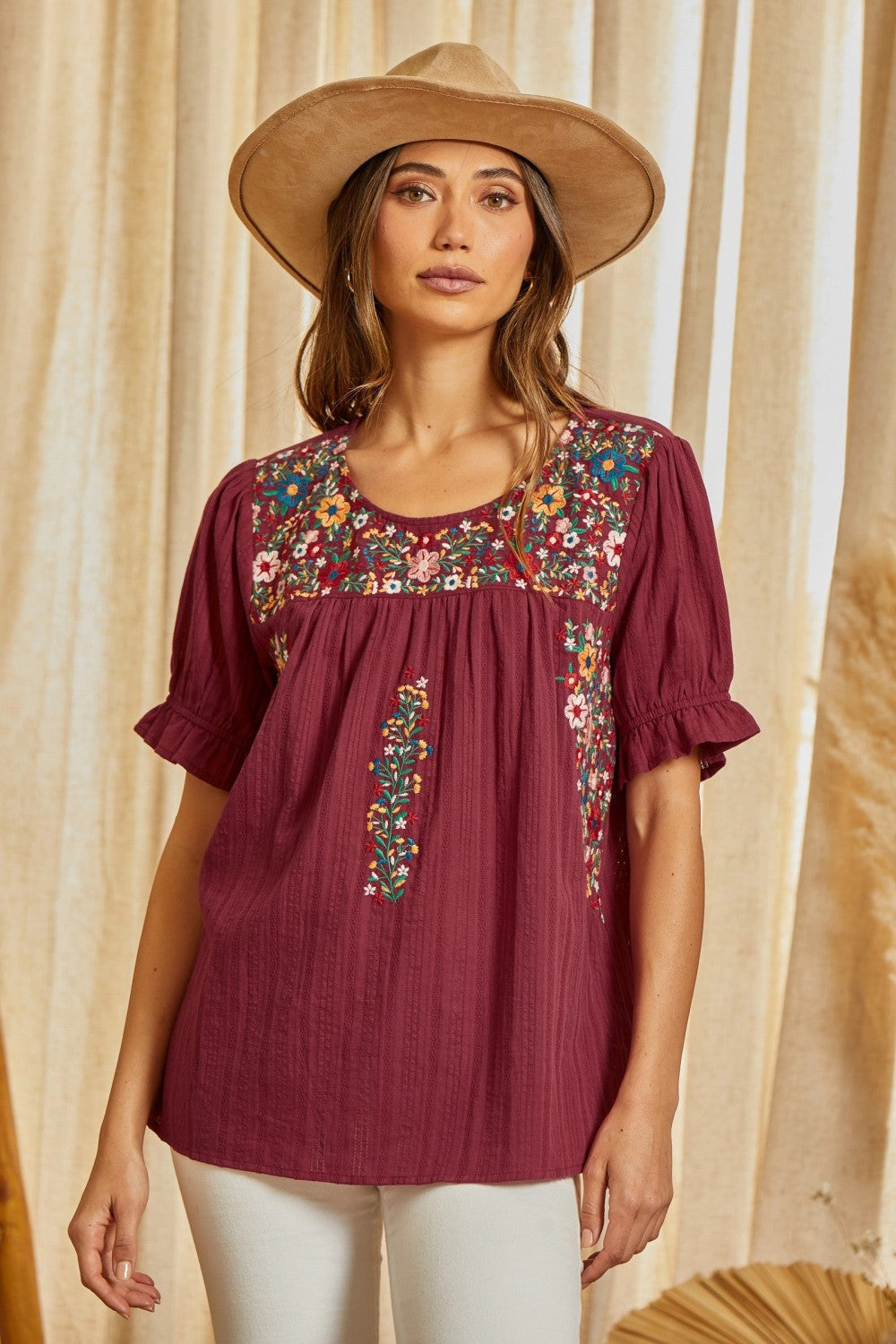 Wine Embroidered Floral Top