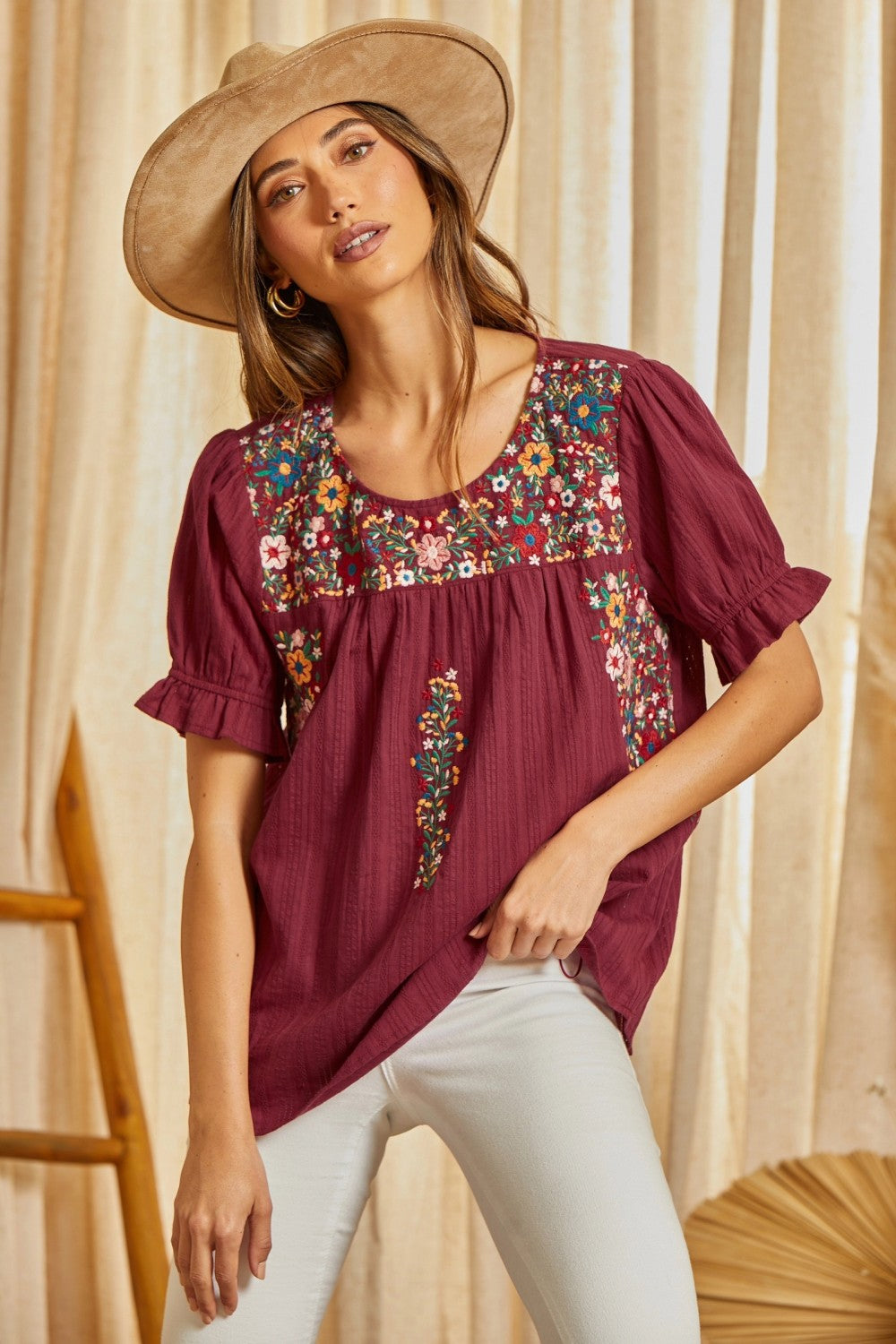 Wine Embroidered Floral Top