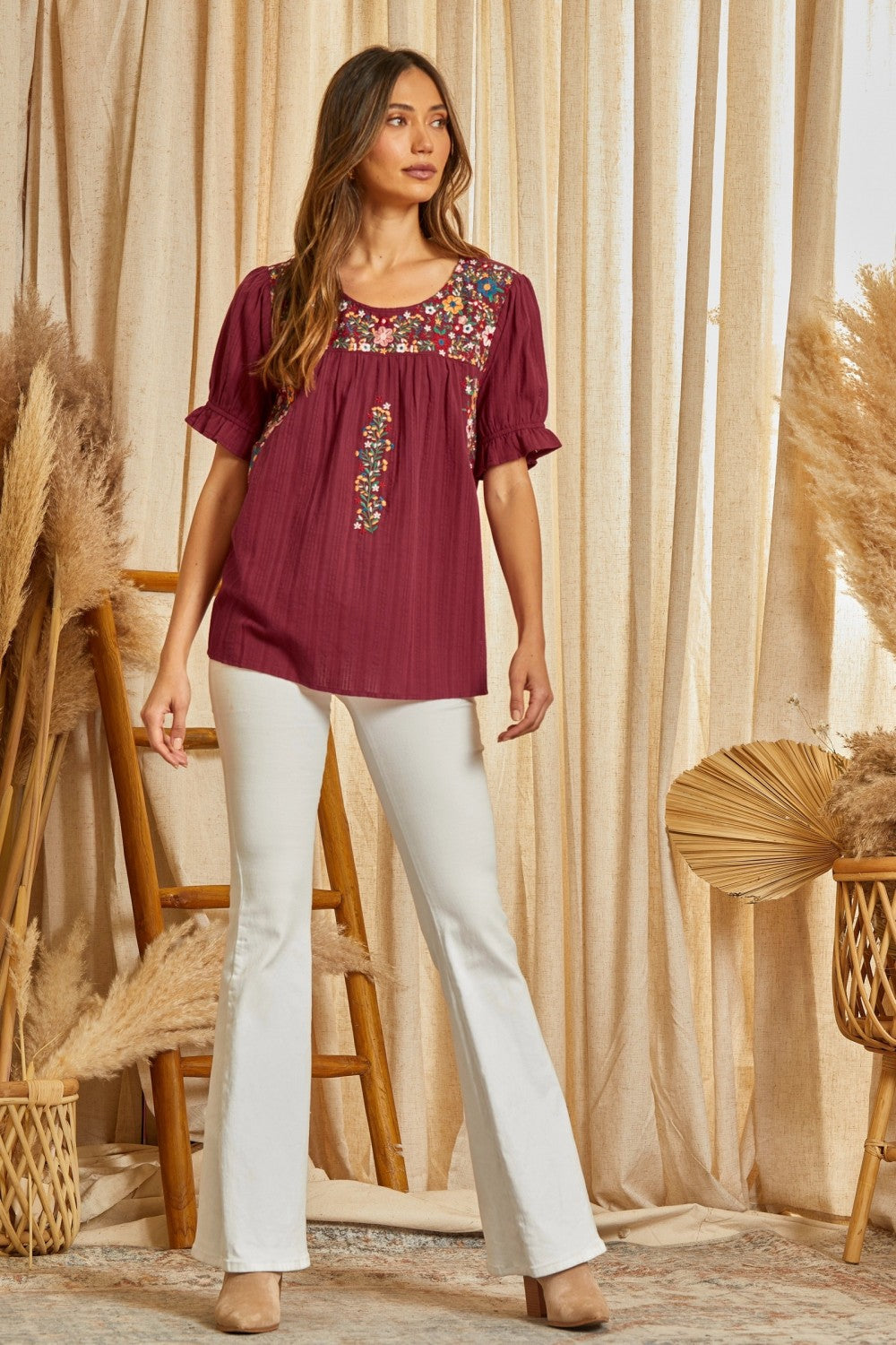 Wine Embroidered Floral Top