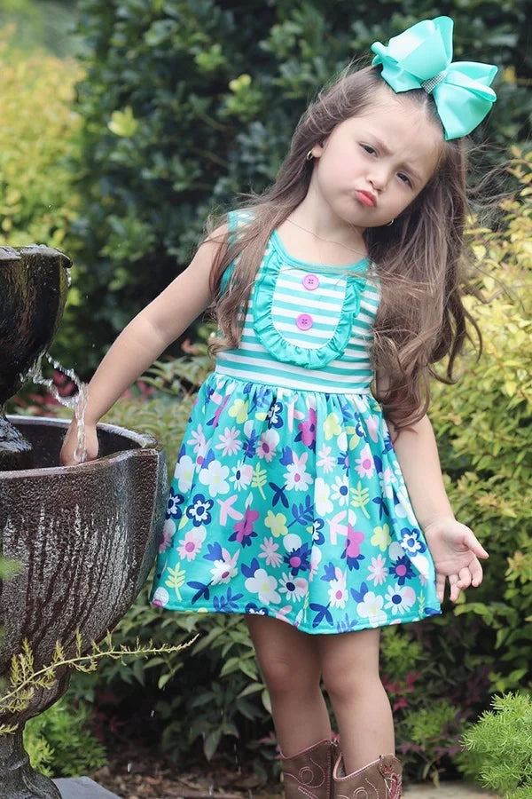 Girls Turquoise Floral & Stripes Dress