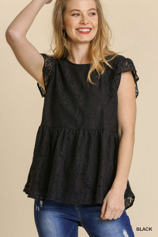 Black Floral Lace Short Sleeve Top