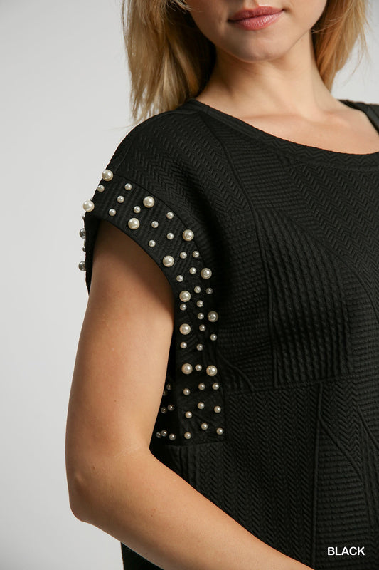 Black Textured Top with Pearl Details