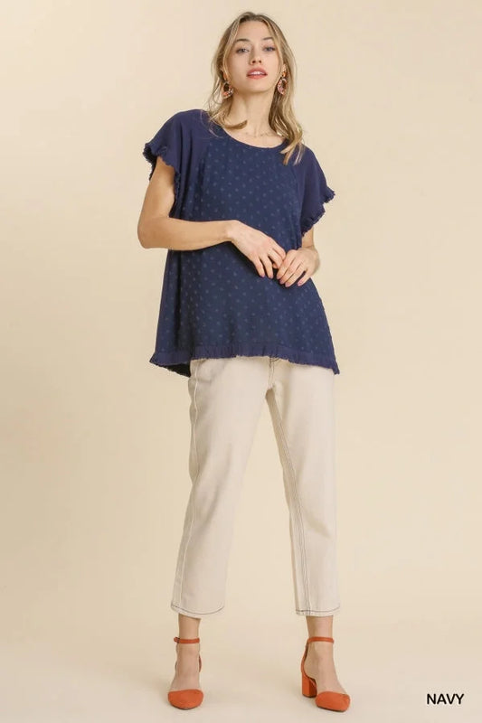 Linen Blend Navy Swiss Dot Top