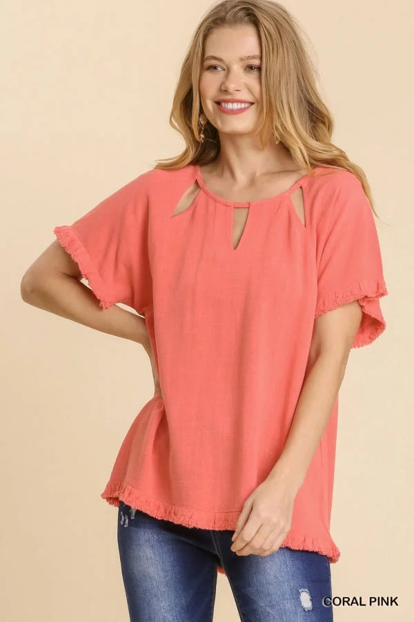 Cut Out Linen Blend Top Coral