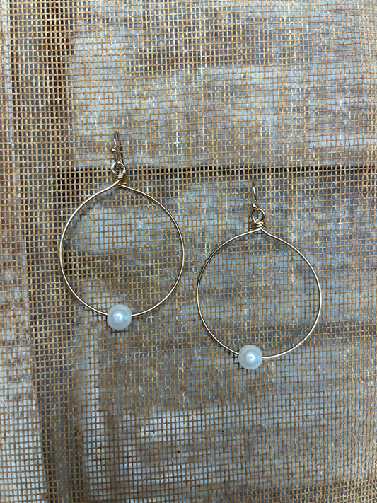 Faux Pearl and Gold Dangle Hoop Earrings