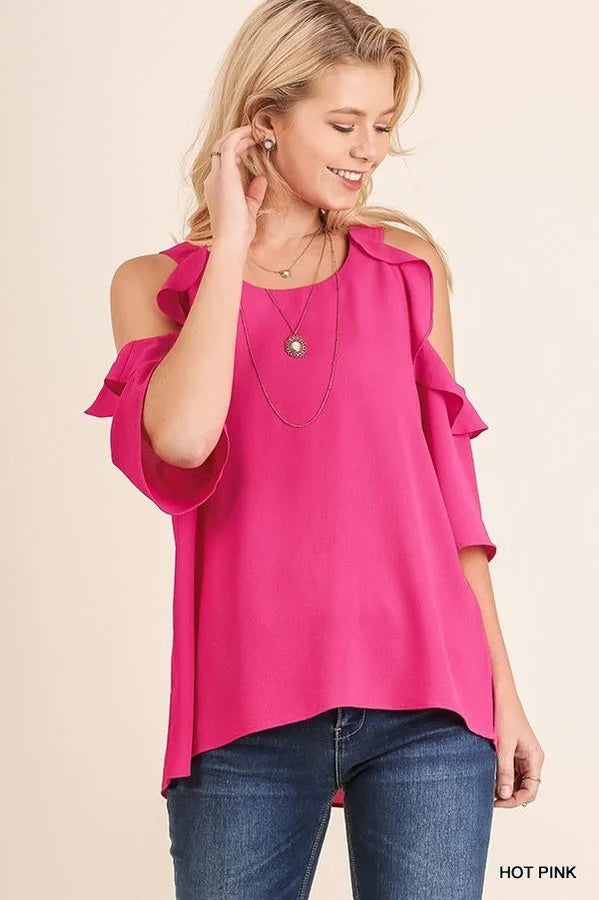 Hot Pink Open Shoulder Ruffle Top