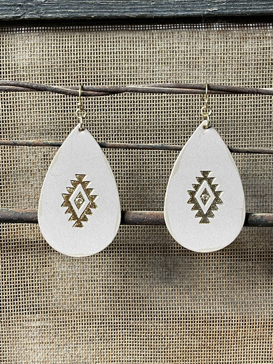 Aztec Beige and Gold Tear Drop Earrings