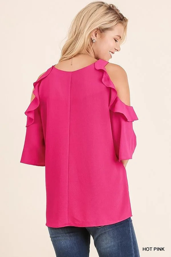 Hot Pink Open Shoulder Ruffle Top