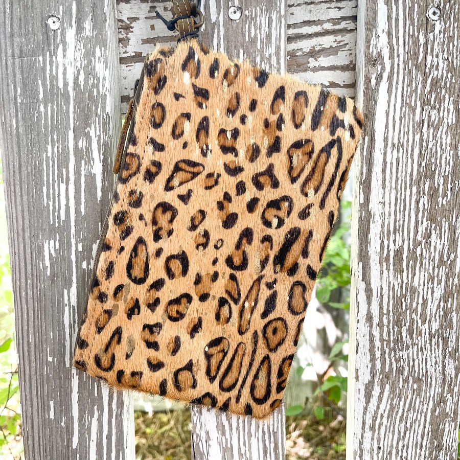 Wristlet Leopard with Gold Acid Wash Cowhide