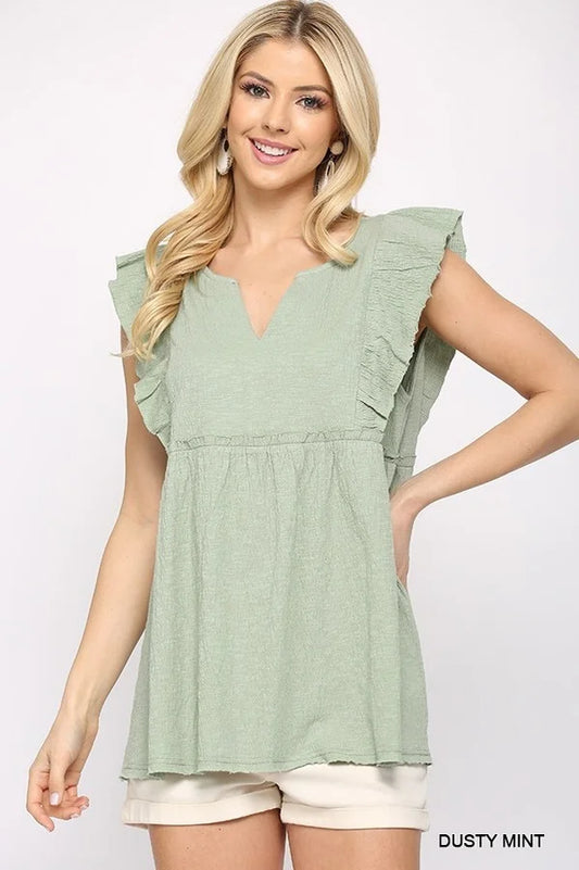 Dusty Mint Babydoll Ruffle Top