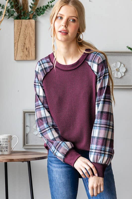 Long Sleeve Ribbed and Plaid Burgundy Top