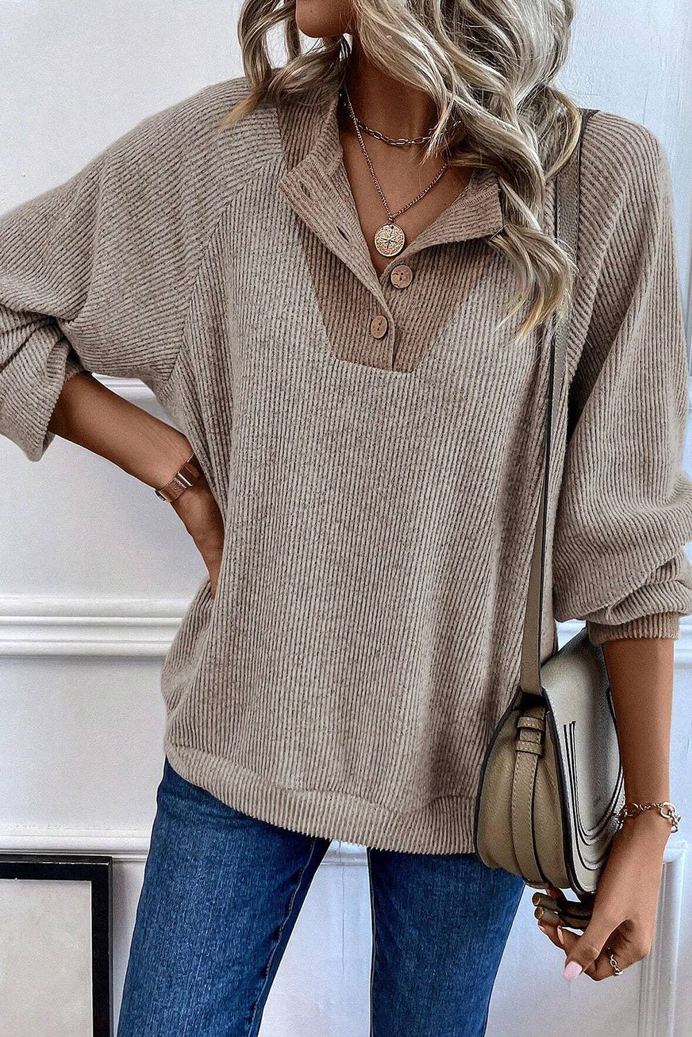 Khaki Contrast Ribbed Loose Fit Long Sleeve Top