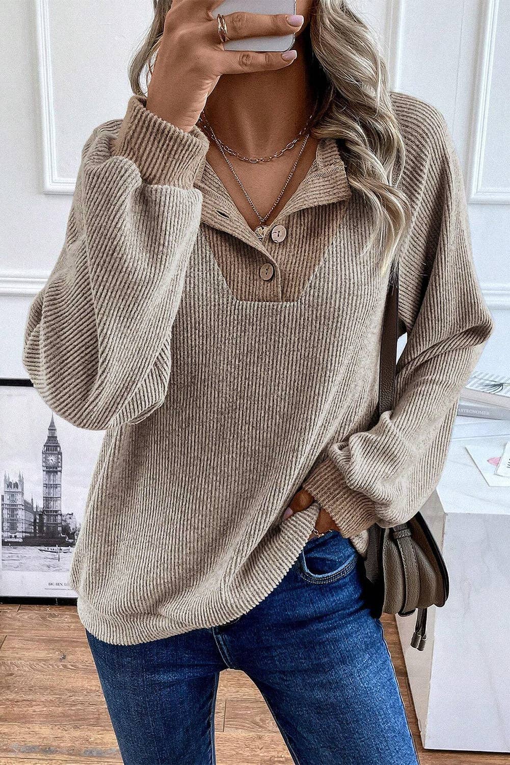 Khaki Contrast Ribbed Loose Fit Long Sleeve Top