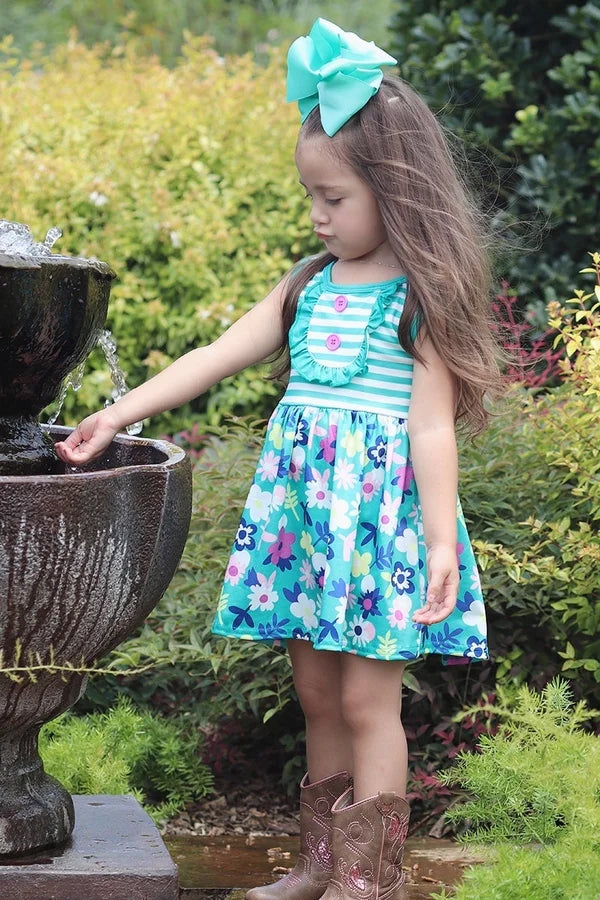 Girls Turquoise Floral & Stripes Dress