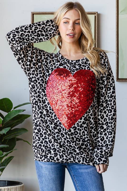 Long Sleeve Leopard Print Top with Heart Sequin Patch