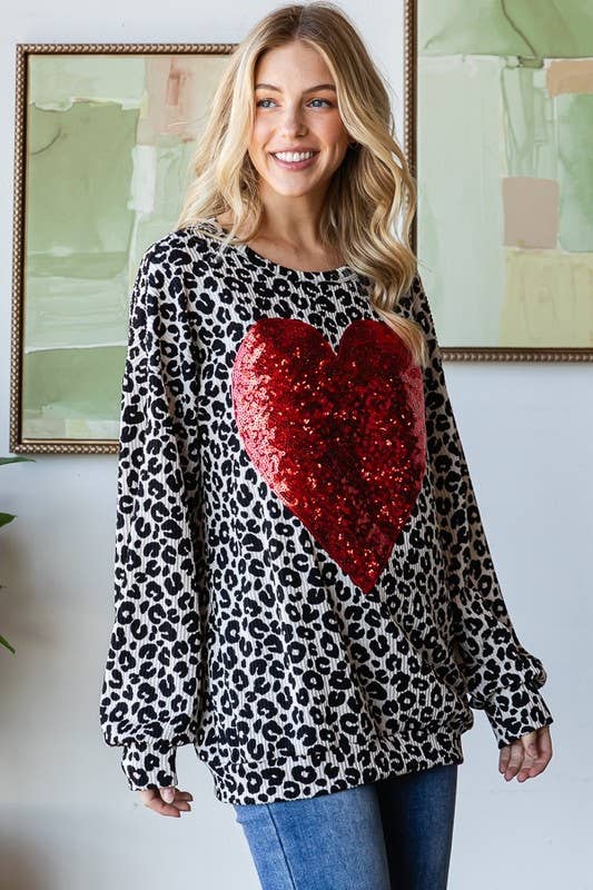 Long Sleeve Leopard Print Top with Heart Sequin Patch