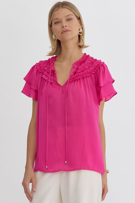 Pink V-Neck Ruffle Sleeve Top