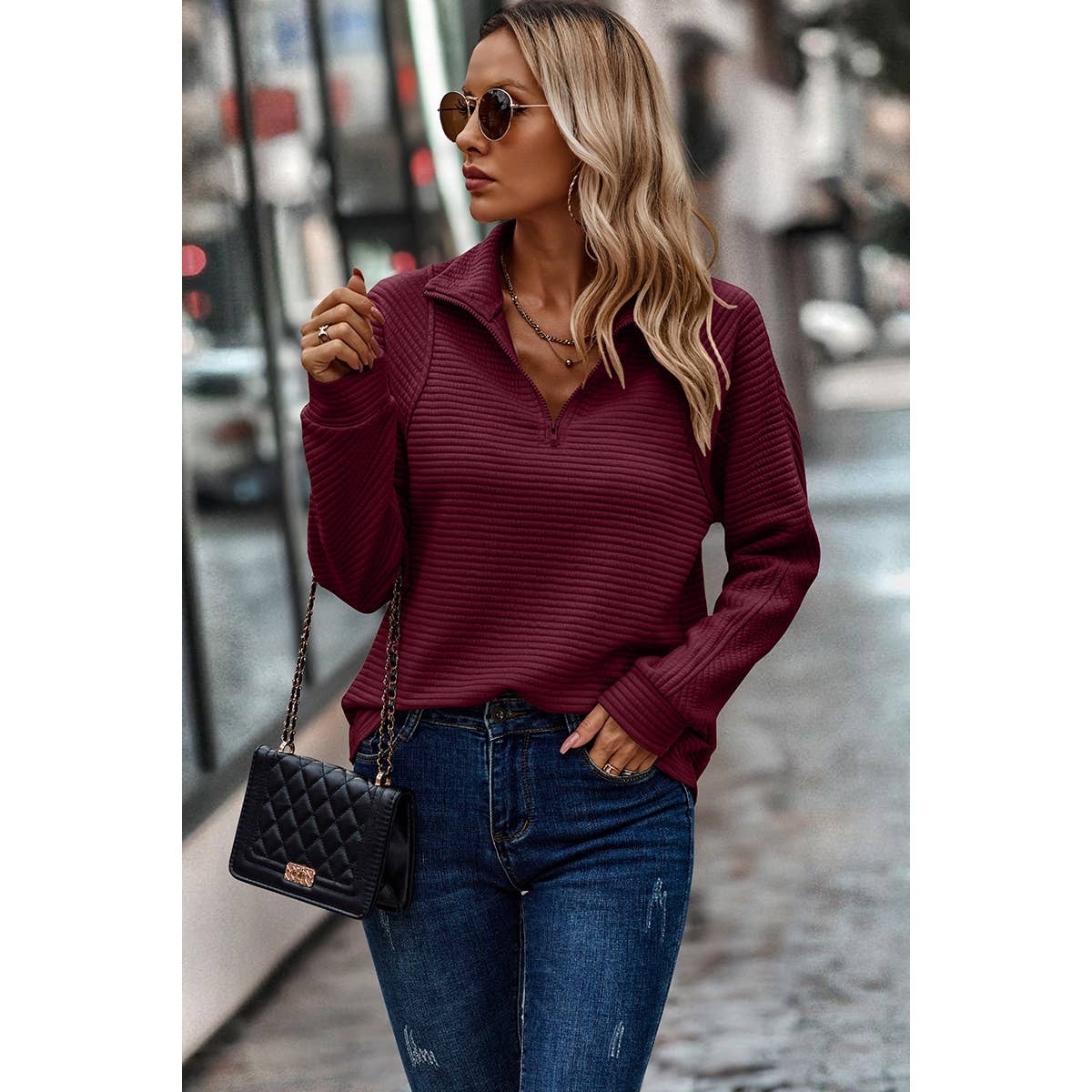 Drop Shoulder Strip Half Zipper Fit Solid Wine Sweatshirt