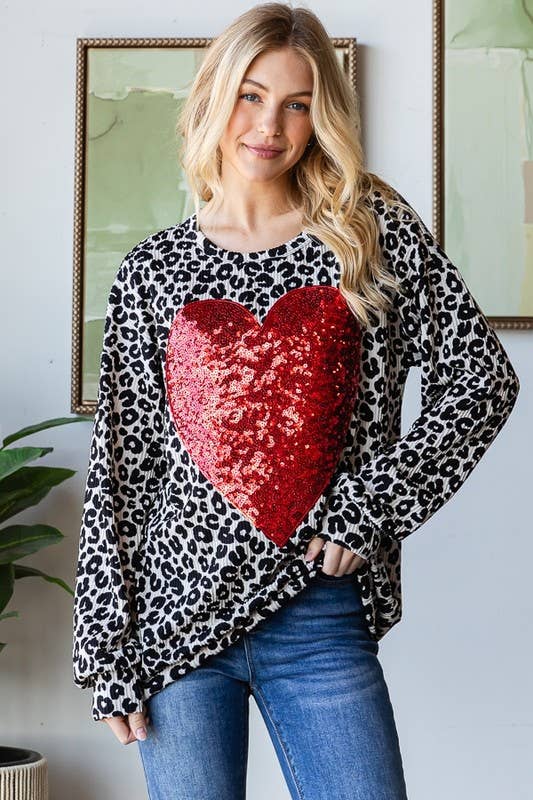 Long Sleeve Leopard Print Top with Heart Sequin Patch