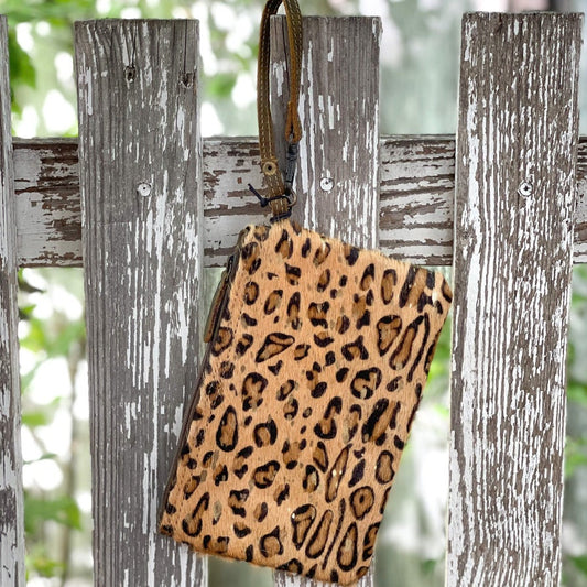 Wristlet Leopard with Gold Acid Wash Cowhide