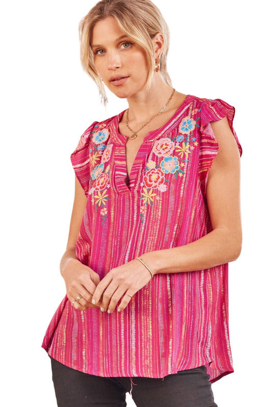 Magenta Floral Embroidered Top