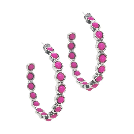 Pink Stone Silver Hoop Earrings