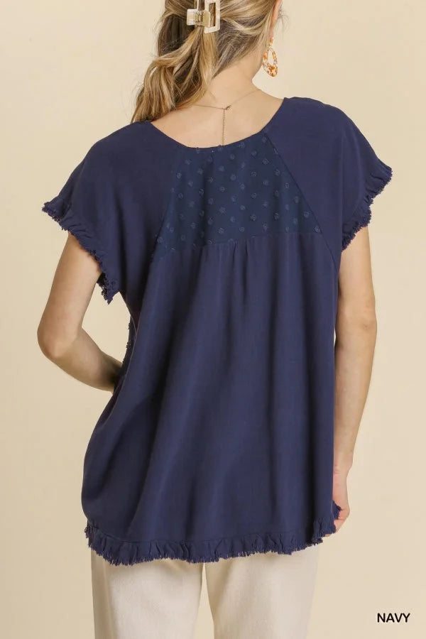 Linen Blend Navy Swiss Dot Top