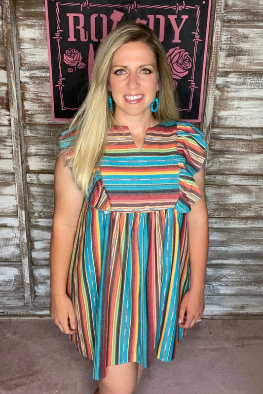 Turquoise Serape Ruffle Dress