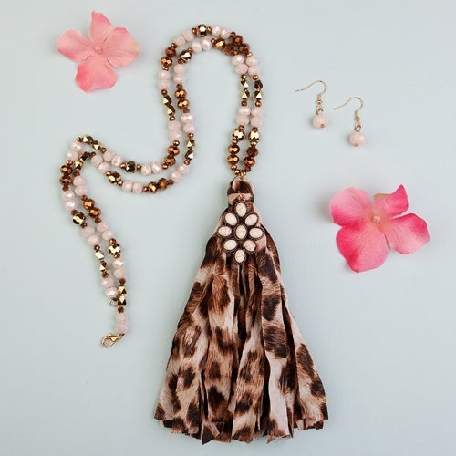 Ivory and Leopard Squash Tassel Necklace