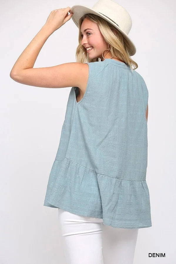 Denim Blue Peplum Sleeveless Top