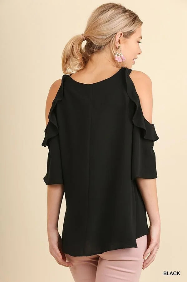 Black Open Shoulder Ruffle Top