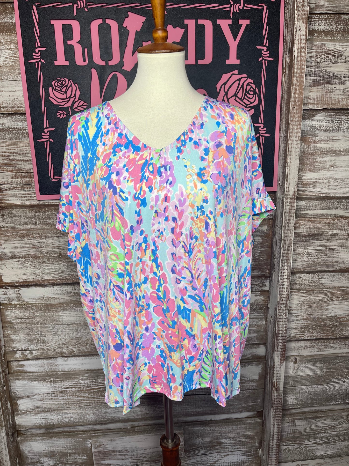 Aqua Floral V-Neck Dolaman Sleeve Top