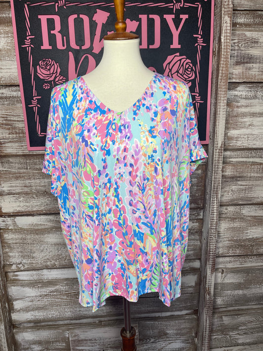 Aqua Floral V-Neck Dolaman Sleeve Top