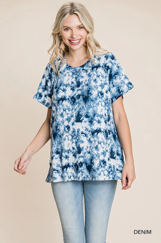 Blue Tie Dye Short Sleeve Rib Top