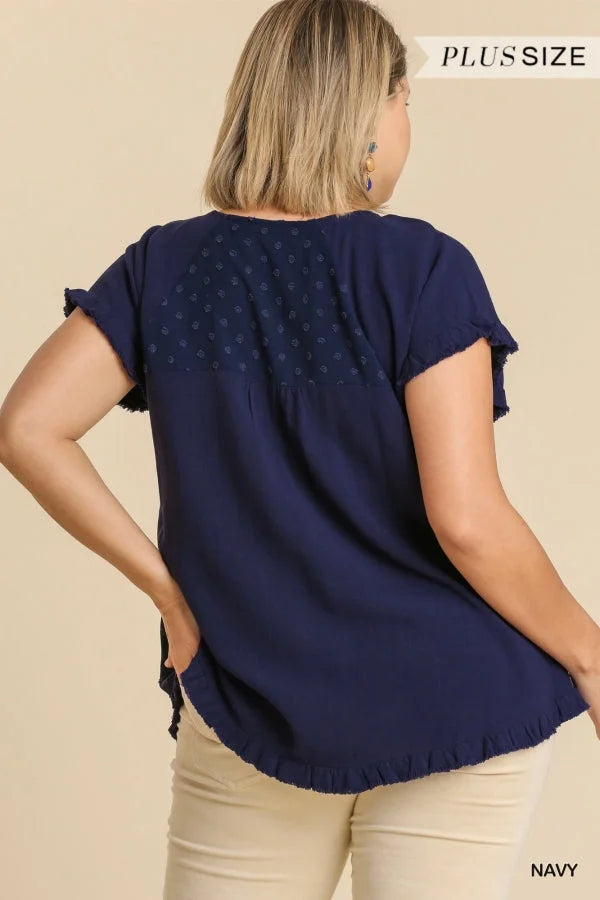 Linen Blend Navy Swiss Dot Top